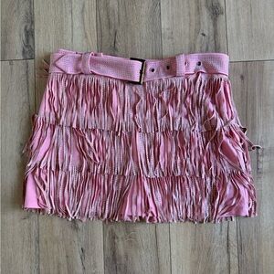 Fringed Bubble Gum Pink Mini Skirt with Rhinestones
